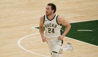 Milwaukee Bucks' Pat Connaughton runs during the first half of an NBA basketball game against the Memphis Grizzlies Saturday, April 17, 2021, in Milwaukee.