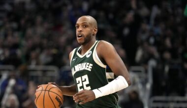Milwaukee Bucks' Khris Middleton during the first half of Game 1 of the first round NBA playoff basketball game against the Indiana Pacers Sunday, April 21, 2024, in Milwaukee.