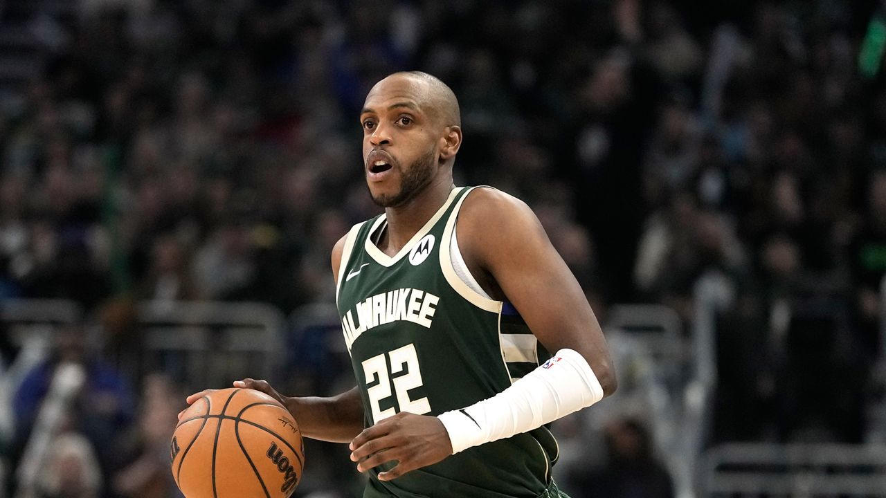 Milwaukee Bucks' Khris Middleton during the first half of Game 1 of the first round NBA playoff basketball game against the Indiana Pacers Sunday, April 21, 2024, in Milwaukee.