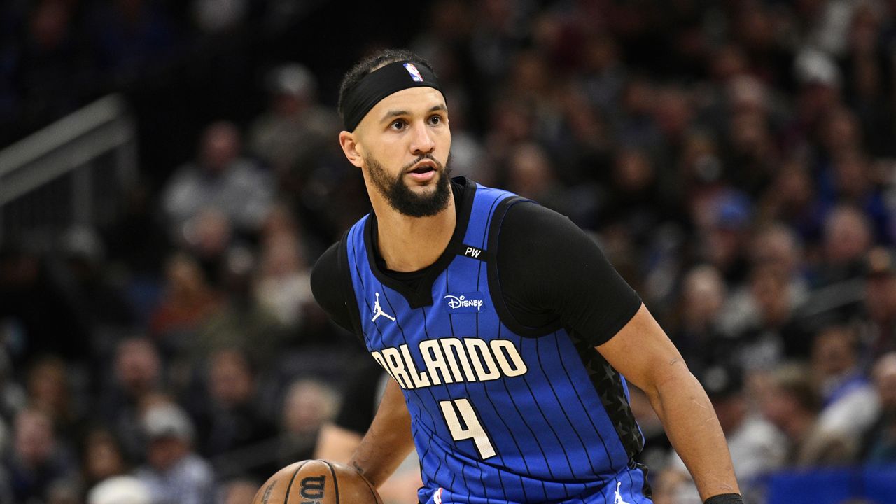 Orlando Magic starting guard Jalen Suggs is grounded for the rest of the season after undergoing surgery on his left knee. (AP Photo/Phelan M. Ebenhack)