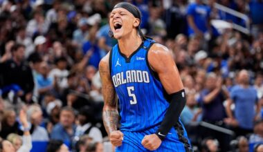 FILE - Orlando Magic forward Paolo Banchero celebrates a 3-point shot against the Boston Celtics during the first half in game 3 of a first-round NBA playoff basketball series, April 25, 2025, in Orlando, Fla. (AP Photo/John Raoux, File)