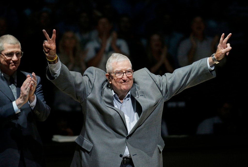 Frank Layden, former president of the Utah Jazz, is introduced during a 20-year reunion ceremony for the team that reached the 1997 NBA Finals, at halftime of the Jazz's basketball game against the New York Knicks on March 22, 2017, in Salt Lake City.
