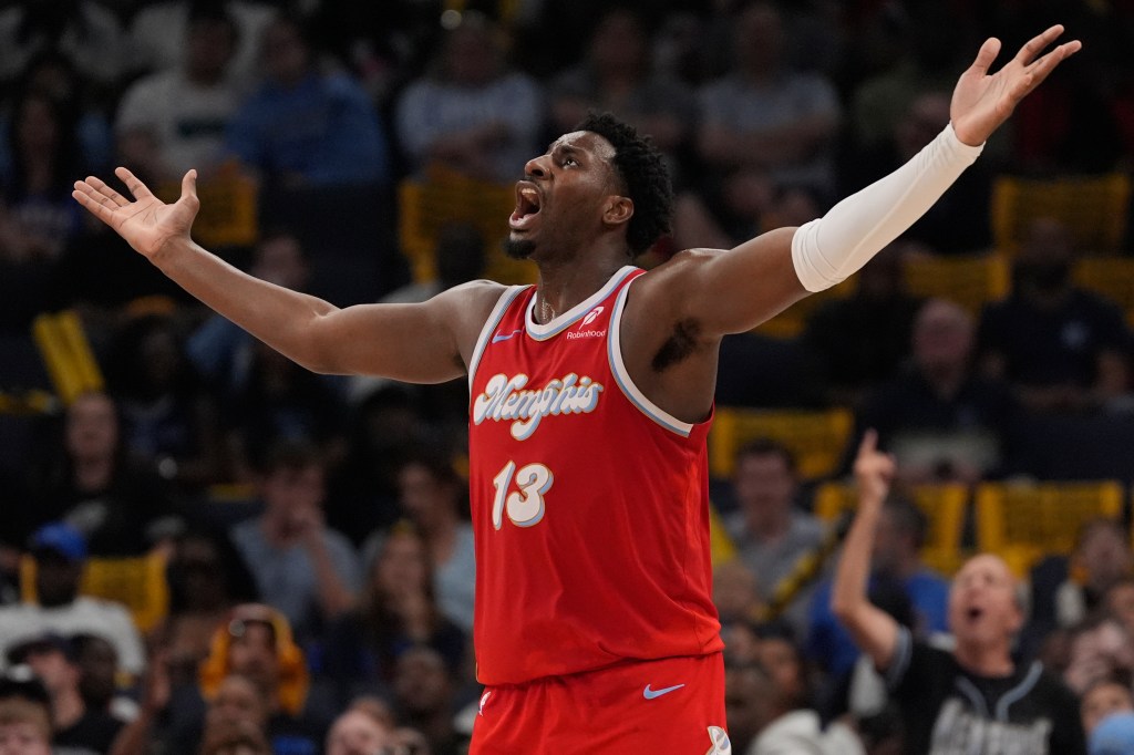 Memphis Grizzlies forward Jaren Jackson Jr. (13) reacts after he was called for a foul during the first half in Game 4 of an NBA basketball first-round playoff series against the Oklahoma City Thunder, Saturday, April 26, 2025, in Memphis, Tenn. 
