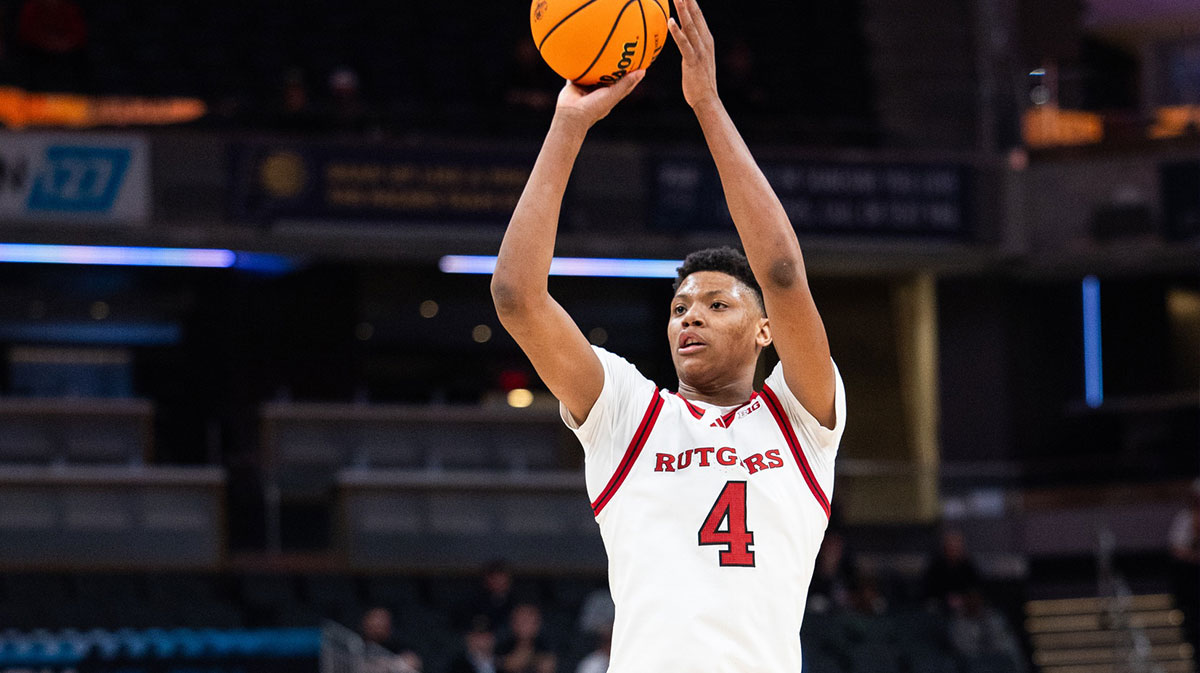 Rutgers Scarlet Knights guard Ace Bailey (4) shoots the ball in the second half against the USC Trojans at Gainbridge Fieldhouse.