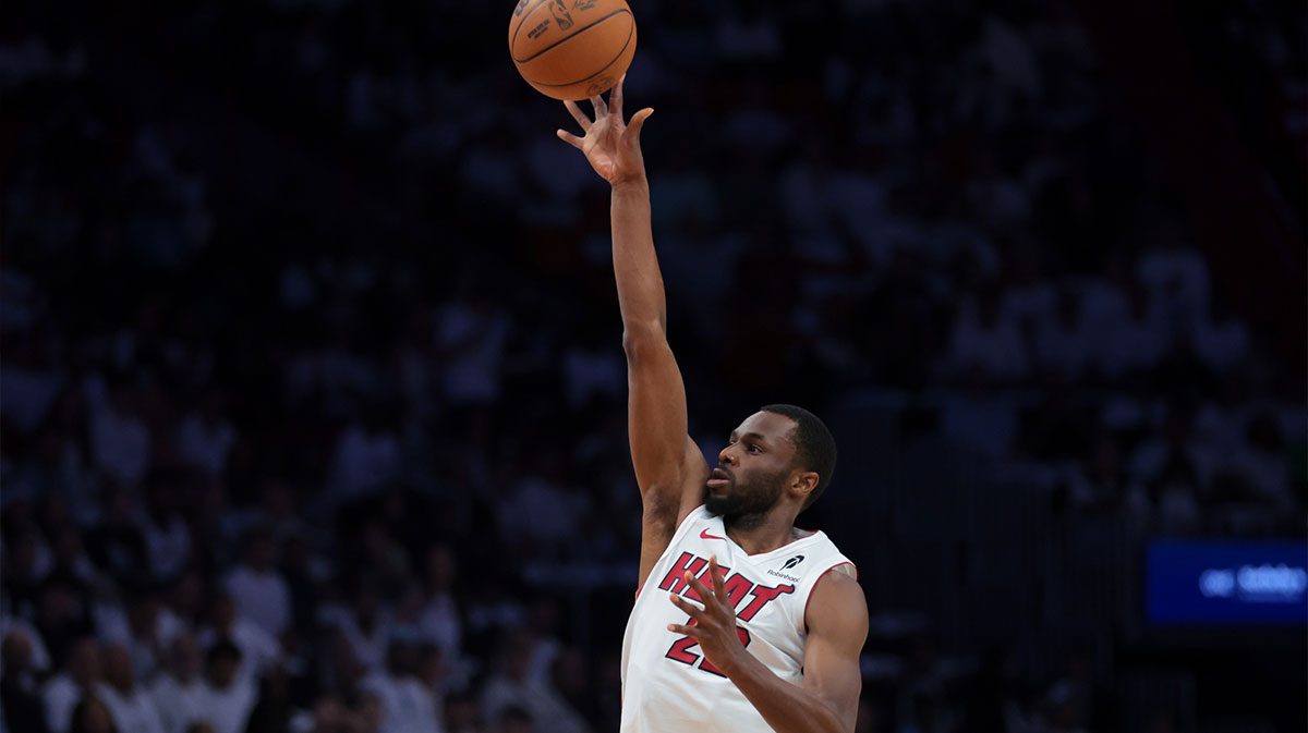 Miami Heat forward Andrew Wiggins (22) shoots the basketball against the Cleveland Cavaliers in the first quarter during game four for the first round of the 2025 NBA Playoffs at Kaseya Center.