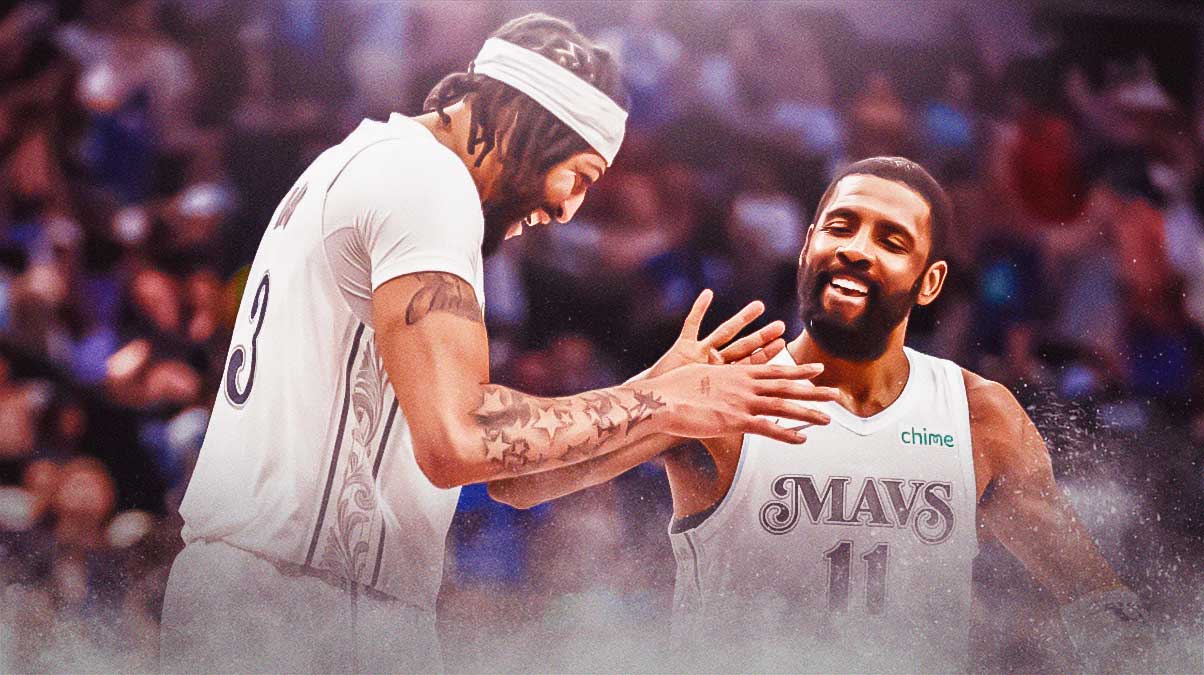 Dallas Mavericks stars Anthony Davis and Kyrie Irving in front of American Airlines Center.