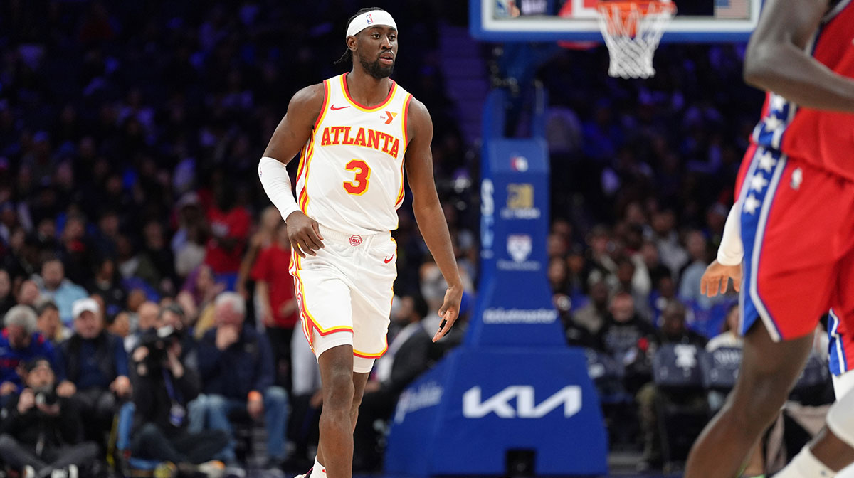 Atlanta Hawks guard Caris LeVert (3) controls the ball against the Philadelphia 76ers in the second quarter at Wells Fargo Center.