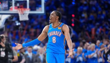 Oklahoma City Thunder forward Jalen Williams (8) reacts after a play against the Indiana Pacers during the second half of game seven of the 2025 NBA Finals at Paycom Center.