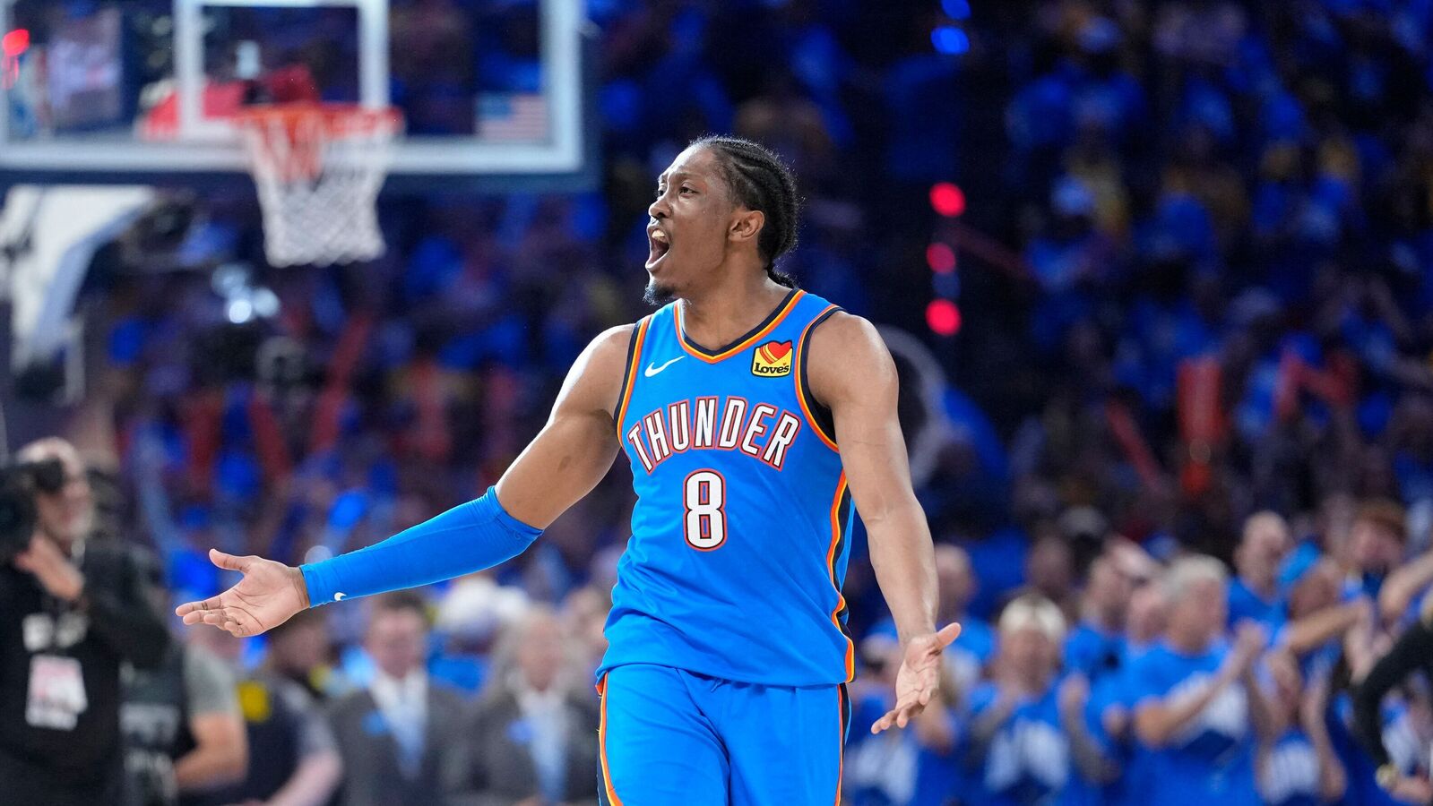 Oklahoma City Thunder forward Jalen Williams (8) reacts after a play against the Indiana Pacers during the second half of game seven of the 2025 NBA Finals at Paycom Center.