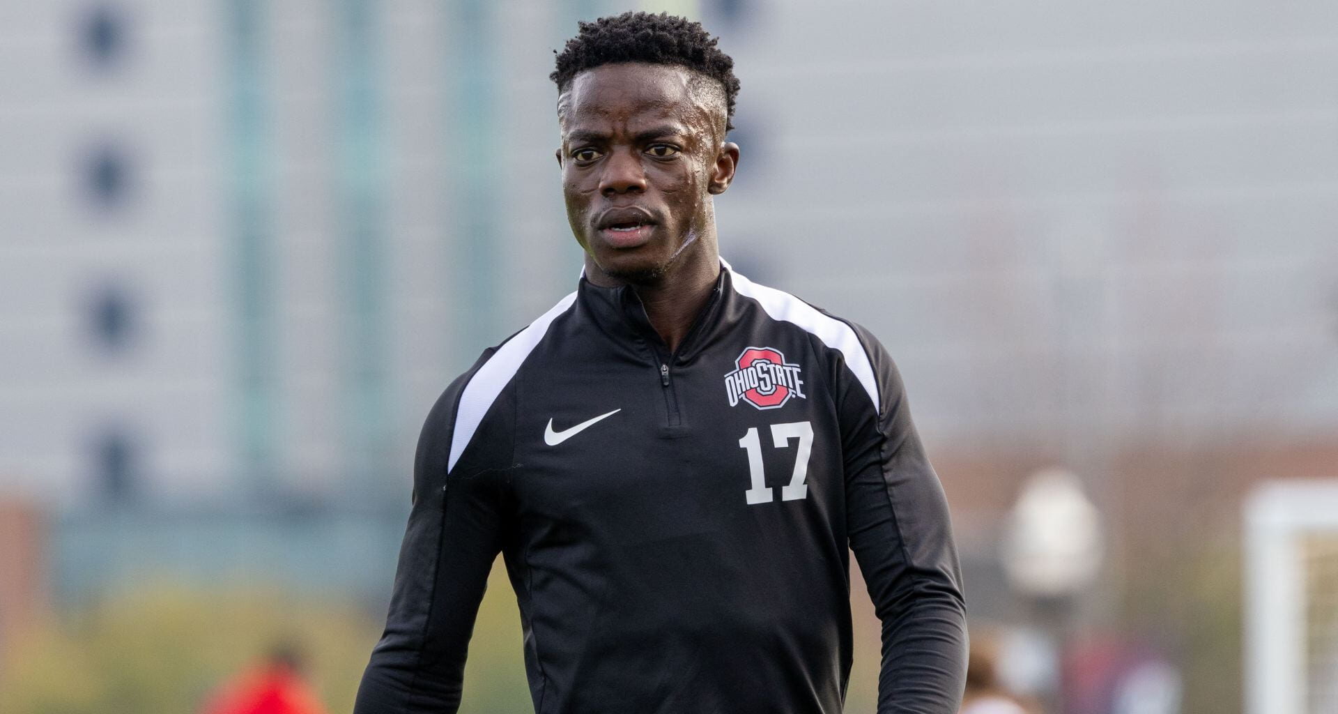Ohio State senior midfielder Michael Adedokun (17) warms up before the Big Ten tournament match against Michigan Sunday. The Buckeyes defeated the Wolverines 1-0. Credit: Sandra Fu