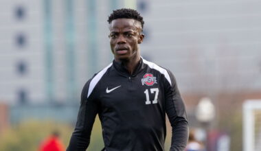 Ohio State senior midfielder Michael Adedokun (17) warms up before the Big Ten tournament match against Michigan Sunday. The Buckeyes defeated the Wolverines 1-0. Credit: Sandra Fu