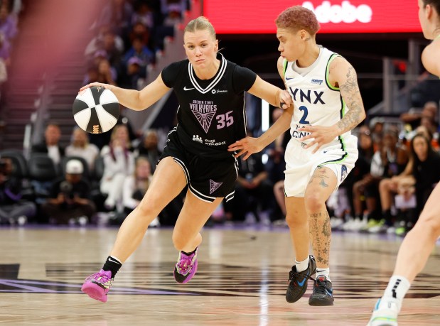 Golden State Valkyries' Julie Vanloo (35) dribbles against Minnesota Lynx's Natisha Hiedeman in the third quarter at the Chase Center in San Francisco, Calif., on Sunday, June 1, 2025. (Nhat V. Meyer/Bay Area News Group)
