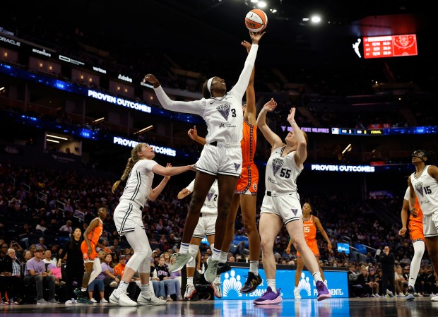 Golden State Valkyries' Laeticia Amihere (3) grabs a rebound against the Connecticut Sun in the third quarter at the Chase Center in San Francisco, Calif., on Sunday, June 22, 2025. (Nhat V. Meyer/Bay Area News Group)