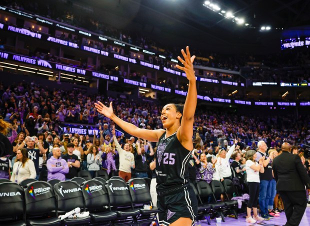 Golden State Valkyries' Monique Billings (25) celebrates after the Golden State Valkyries win against the Chicago Sky at the Chase Center in San Francisco, Calif., on Friday, June 27, 2025. (Shae Hammond/Bay Area News Group)