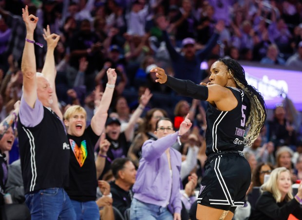 Golden State Valkyries' Kayla Thornton (5) celebrates after shooting a three-point shot against Chicago Sky in the fourth quarter at the Chase Center in San Francisco, Calif., on Friday, June 27, 2025. (Shae Hammond/Bay Area News Group)