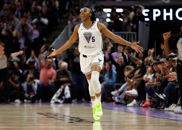 Golden State Valkyries' Kayla Thornton (5) celebrates her 3-point basket against the Phoenix Mercury in the fourth quarter at the Chase Center in San Francisco, Calif., on Monday, July 14, 2025. (Nhat V. Meyer/Bay Area News Group)
