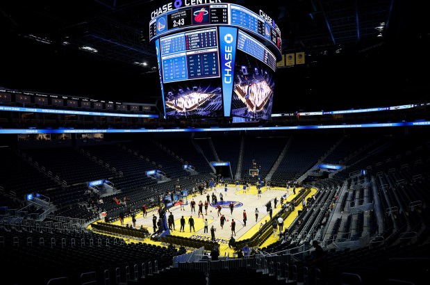 The Miami Heat and the Golden State Warriors warm up before their California Classic Summer League game at Chase Center in San Francisco, Calif., on Tuesday, July 8, 2025. Fans were not allowed into the arena. (Nhat V. Meyer/Bay Area News Group)