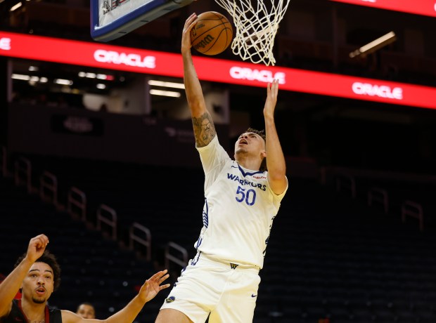 Golden State Warriors' Coleman Hawkins (50) takes a shot against the Miami Heat in the fourth quarter of their California Classic Summer League game at Chase Center in San Francisco, Calif., on Tuesday, July 8, 2025. (Nhat V. Meyer/Bay Area News Group)