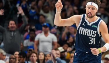 Klay Thompson fires first pitch at Texas Rangers’ Dallas Mavericks theme night