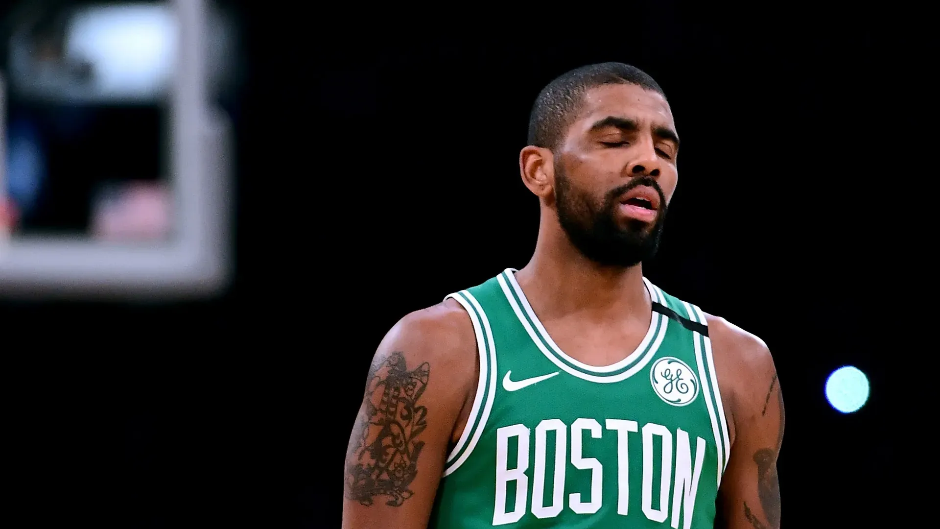Kyrie Irving #11 of the Boston Celtics reacts when no foul is called on the Los Angeles Lakers during a 108-107 Laker win at Staples Center