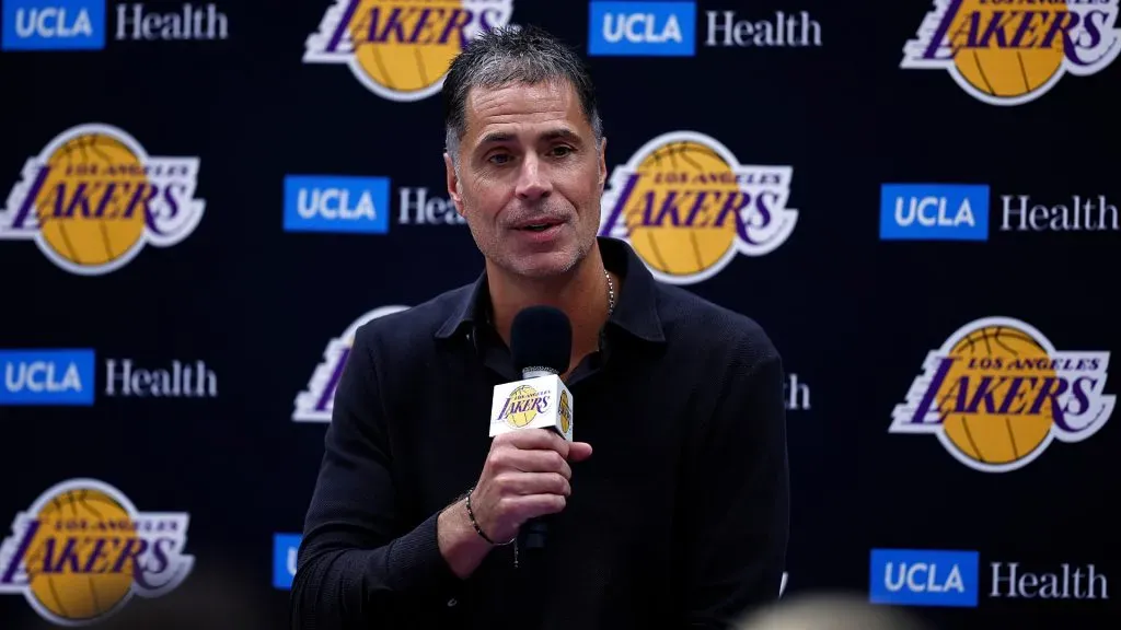 General Manager Rob Pelinka of the Los Angeles Lakers speaks with the media during a press conference.