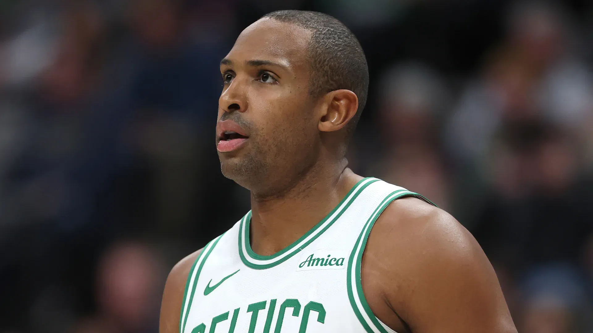 Al Horford #42 of the Boston Celtics plays the Denver Nuggets in the first quarter at Ball Arena.