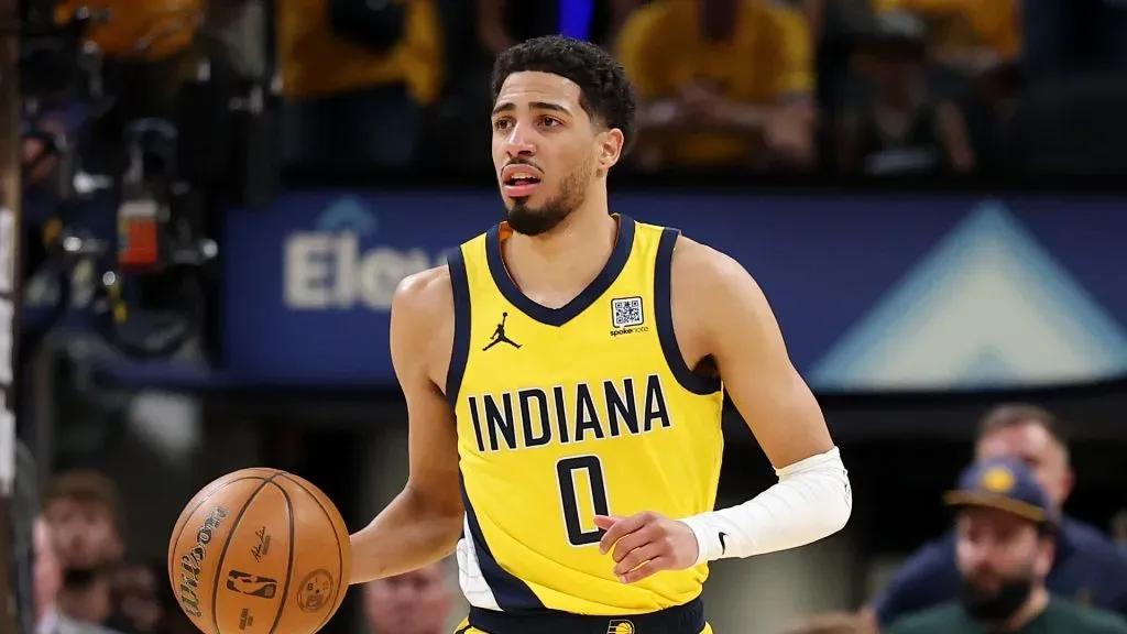 Tyrese Haliburton #0 of the Indiana Pacers dribbles the ball against the Oklahoma City Thunder during the second quarter in Game Three of the 2025 NBA Finals