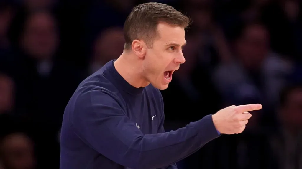 Head Coach Jon Scheyer of the Duke Blue Devils instructs his team against the Illinois Fighting Illini during the first half of the SentinelOne Classic at Madison Square Garden on February 22, 2025 in New York City.