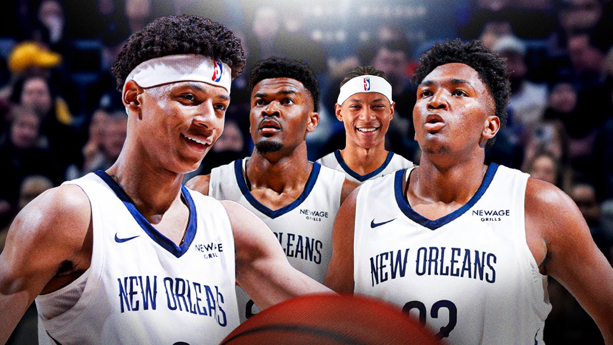 Pelicans' Jeremiah Fears, Derik Queen, Yves Missi, and Micah Peavy all smiling