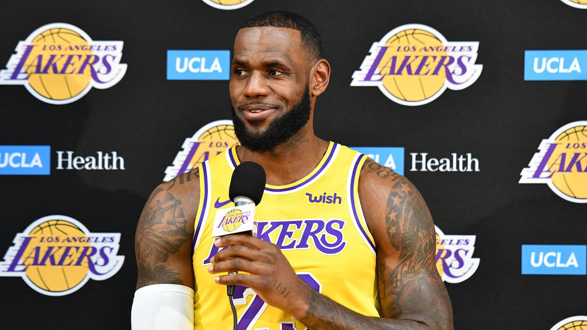 LeBron James answers a question during an interview session with reporters during the Los Angeles Lakers media day at the UCLA Health Training Center.