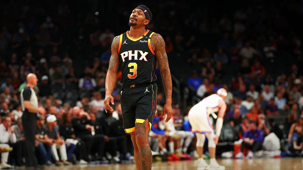Apr 9, 2025; Phoenix, Arizona, USA; Phoenix Suns guard Bradley Beal (3) reacts against the Oklahoma City Thunder during the second half at Footprint Center. Mandatory Credit: Mark J. Rebilas-Imagn Images