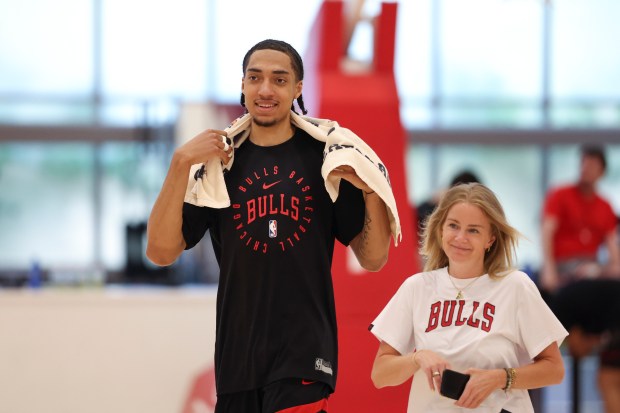 Bulls forward Noa Essengue practices at the Advocate Center on Monday, July 7, 2025, in preparation for the NBA Summer League in Las Vegas. (Eileen T. Meslar/Chicago Tribune)
