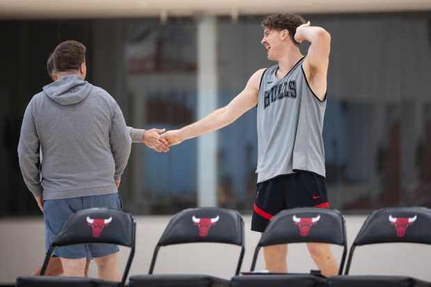 Bulls forward Lachlan Olbrich during media availability after practice at the Advocate Center on Wednesday, July 8, 2025. (Audrey Richardson/Chicago Tribune)