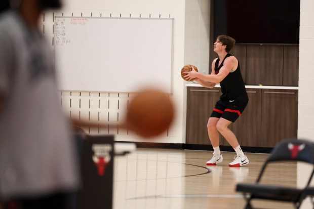 Bulls forward Lachlan Olbrich shoots during practice at the Advocate Center on Monday, July 7, 2025. (Eileen T. Meslar/Chicago Tribune)