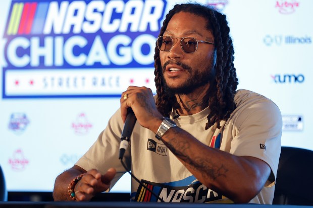Former Bulls star Derrick Rose speaks during a news conference for the NASCAR Chicago Street Race on July 6, 2025. (Logan Riely/Getty Images)