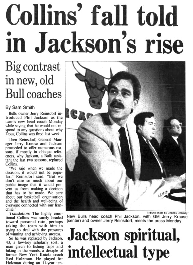 Tribune reporter Sam Smith called new Chicago Bulls head coach Phil Jackson, "a low-key scholarly sort," when the then 43-year-old was introduced by the team on July 10, 1989. (Chicago Tribune)