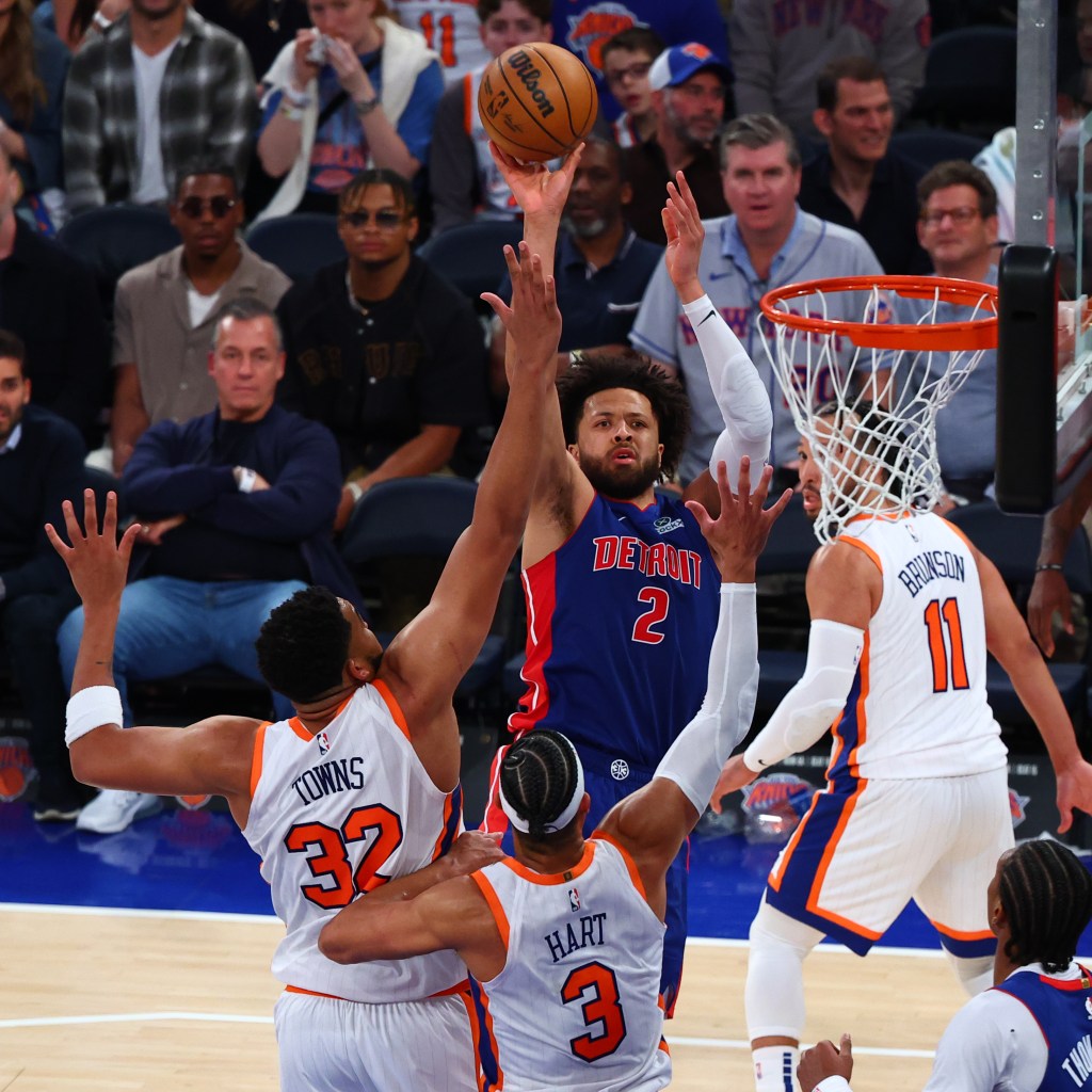 Cade Cunningham shoots over Karl-Anthony Towns during the Knicks' Game 5 loss to the Pistons.