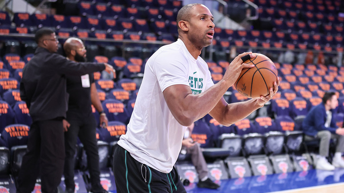 Celtics center Al Horford (42) warms up prior to game three of the second round for the 2025 NBA Playoffs against the New York Knicks at Madison Square Garden