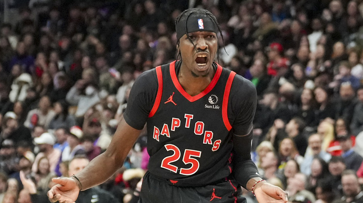 Toronto Raptors forward Chris Boucher (25) reacts during a NBA game against the Miami Heat at Scotiabank Arena.