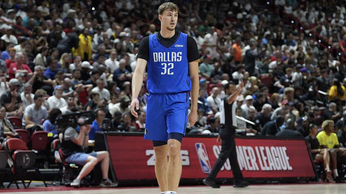 Dallas Mavericks forward Cooper Flagg (32) looks on during the first quarter of their game against the San Antonio Spurs at Thomas & Mack Center.