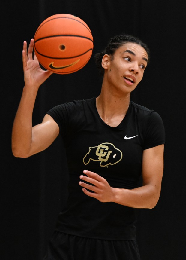 Colorado senior Anaelle Dutat during women's basketball practice at the CU Events Center on July 16, 2025, in Boulder, Colo. (Cliff Grassmick/Staff Photographer)