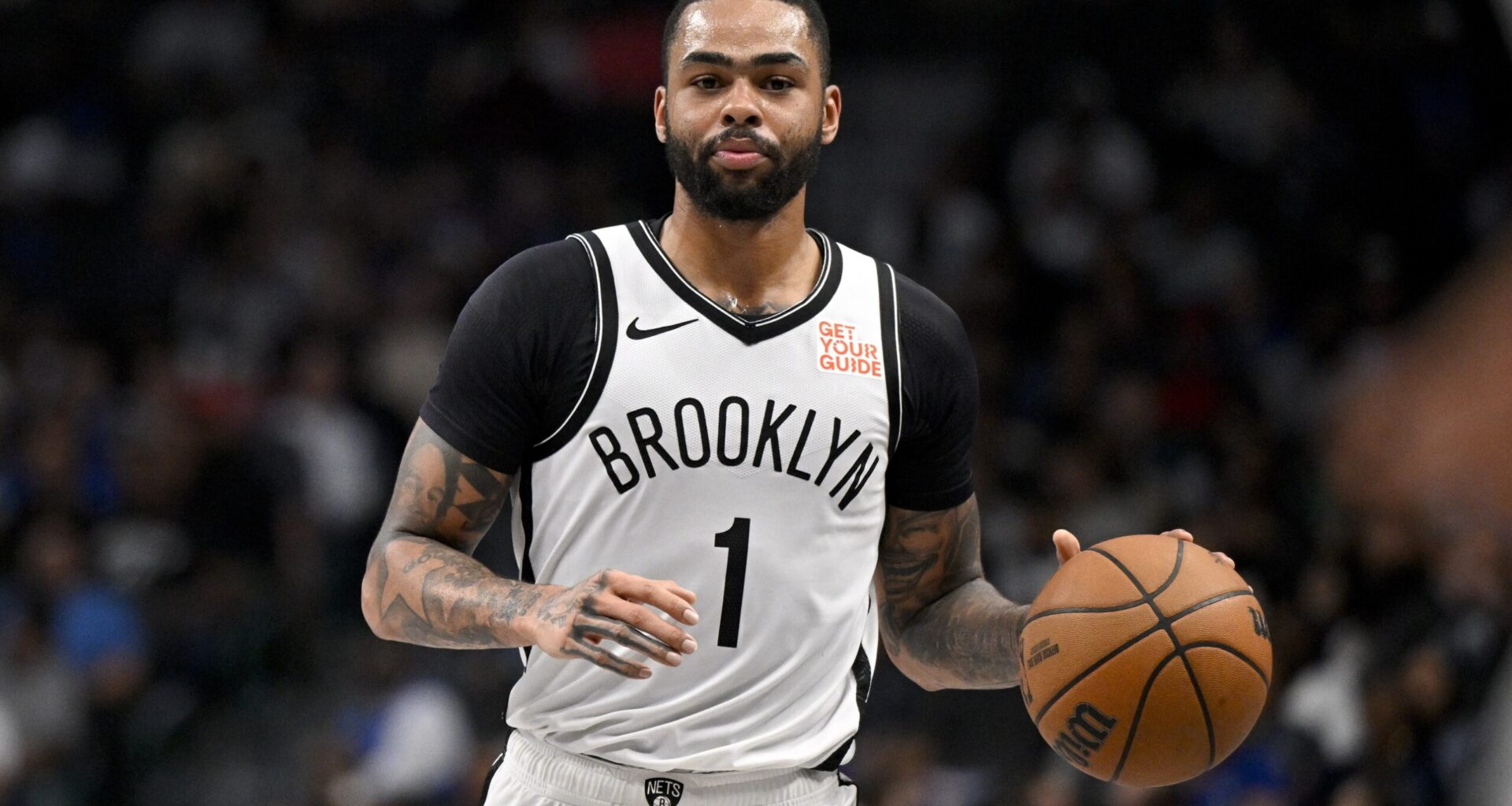 Brooklyn Nets guard D'Angelo Russell (1) in action during the game between the Dallas Mavericks and the Brooklyn Nets at the American Airlines Center.