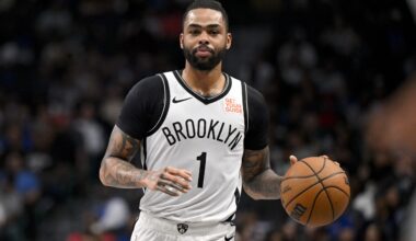 Brooklyn Nets guard D'Angelo Russell (1) in action during the game between the Dallas Mavericks and the Brooklyn Nets at the American Airlines Center.