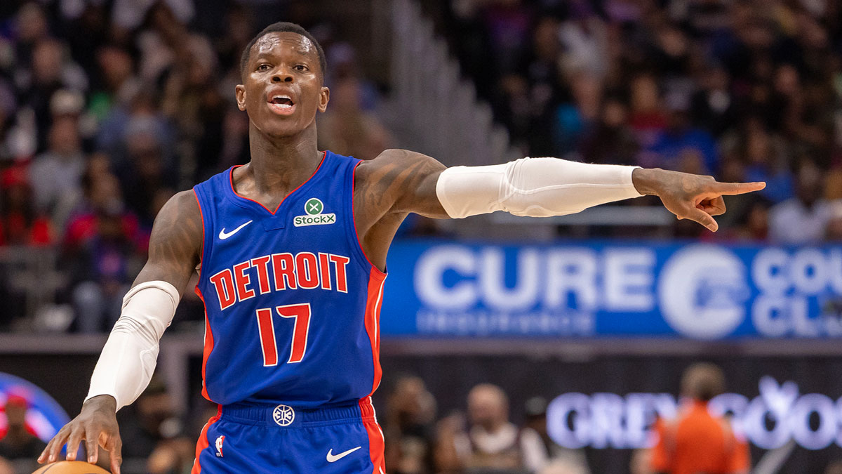  Detroit Pistons guard Dennis Schroder (17) moves the ball up court and directs a play against the New York Knicks during the second half at Little Caesars Arena.
