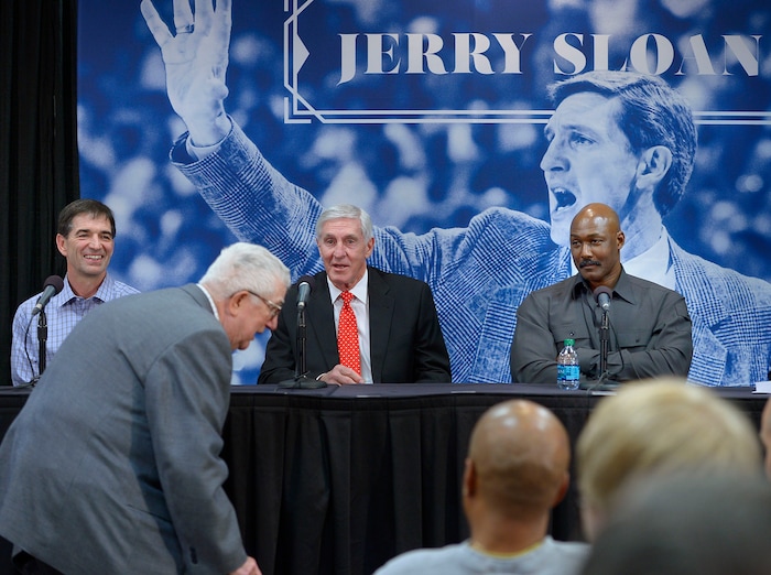 (Scott Sommerdorf   |  Tribune file photo) Former Jazz coach Jerry Sloan, center, jokes with former Jazz coach Frank Layden as Layden slips in late to the press conference honoring Sloan for his time with the Jazz, Friday, Jan. 31, 2014. John Stockton is at left, and Karl Malone at right.