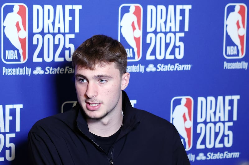 NEW YORK, NEW YORK - JUNE 24: Cooper Flagg speaks during a Media Availability session prior to the 2025 NBA Draft at Lotte New York Palace on June 24, 2025 in New York City. NOTE TO USER: User expressly acknowledges and agrees that, by downloading and or using this photograph, User is consenting to the terms and conditions of the Getty Images License Agreement. (Photo by Sarah Stier/Getty Images)