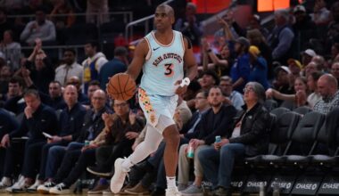 San Antonio Spurs guard Chris Paul (3) dribbles upcourt against the Golden State Warriors in the third quarter at Chase Center.