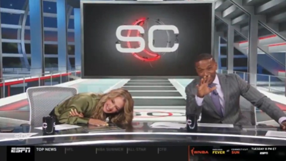 Host Briscoe was seen putting her head on the desk as she failed to hold back laughter