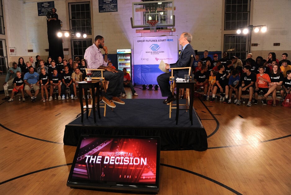 LeBron James and ESPN's Jim Gray speak at the LeBron James announcement of his future NBA plans at the Boys & Girls Club of America on July 8, 2010 in Greenwich, Connecticut. James announced during a live broadcast on ESPN that he will play for the Miami Heat next season.