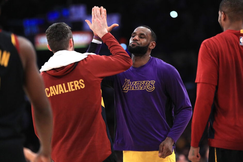 Kevin Love #0 of the Cleveland Cavaliers high fives LeBron James #23 of the Los Angeles Lakers after a game at Staples Center on January 13, 2020 in Los Angeles, California.